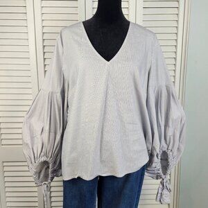 Alex Marie Medium Navy Blue & White Pinstripe V Neck Balloon Sleeve with Ties